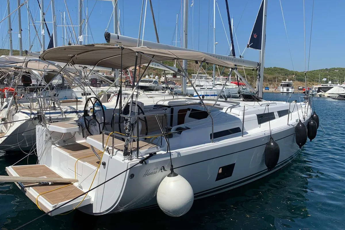 Exterior view of Shrimp, a Hanse 418 sailboat at Thessaloniki, Greece