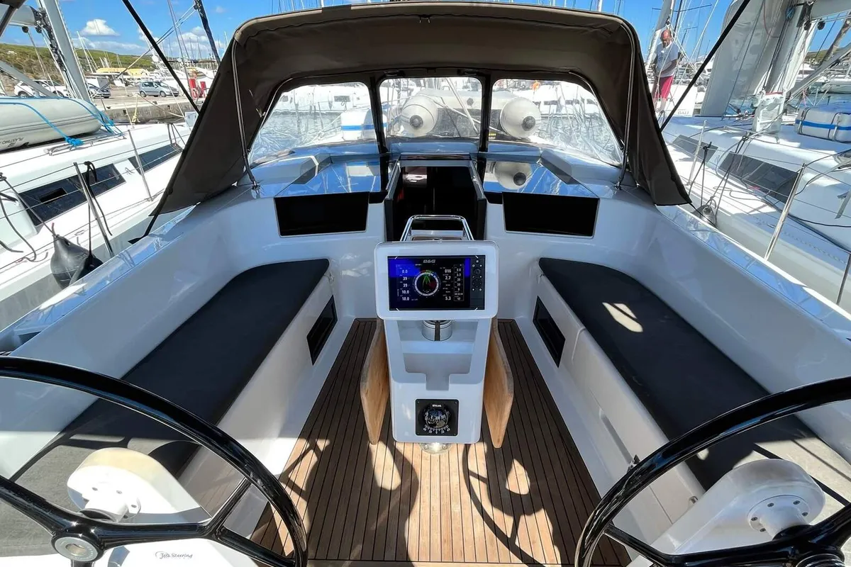 Cockpit of Shrimp, a Hanse 418 sailboat at Thessaloniki, Greece