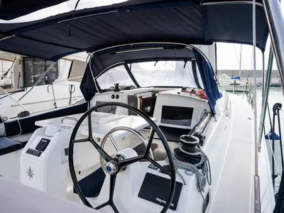 Cockpit of Pheia - Comfort line, a Jeanneau Sun Odyssey 410 sailboat at Rosignano Solvay, Italy