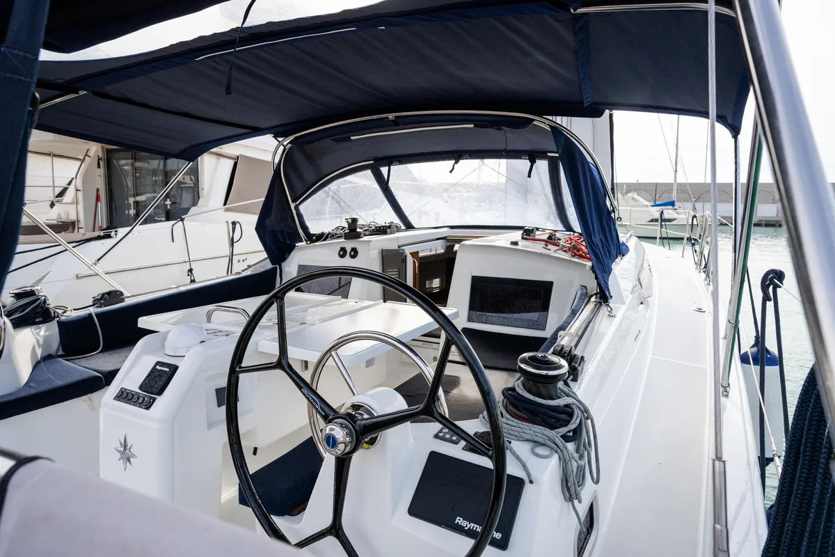 Cockpit of Pheia - Comfort line, a Jeanneau Sun Odyssey 410 sailboat at Rosignano Solvay, Italy