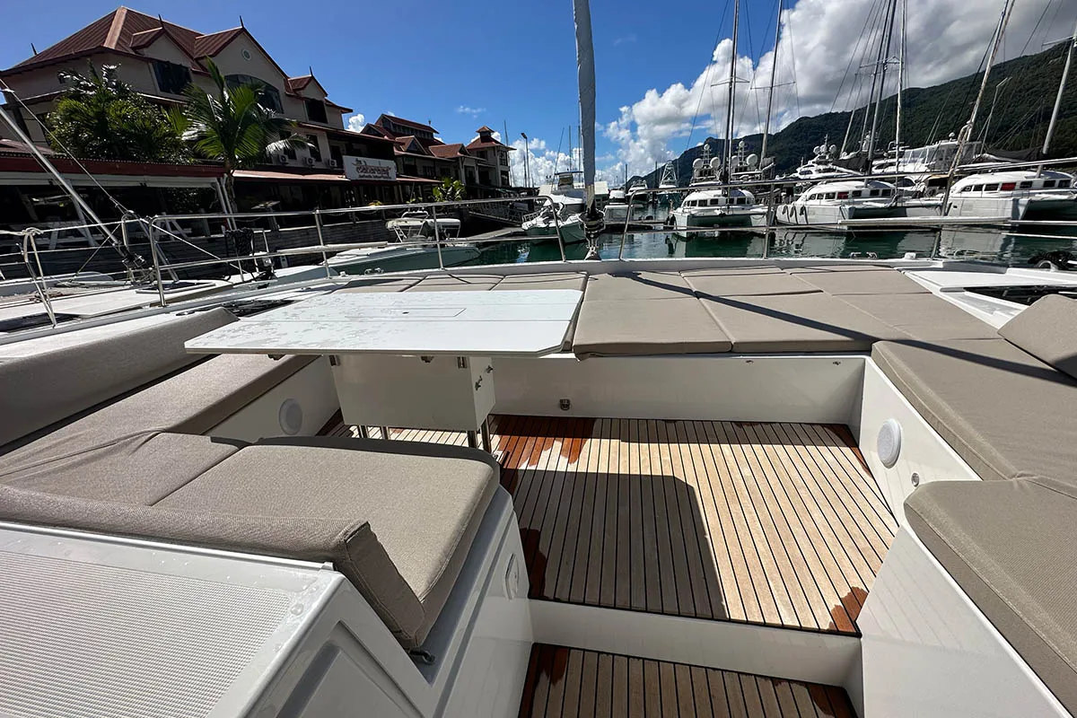 Esther, a Bali 4.8 catamaran at Roche Caiman, Seychelles