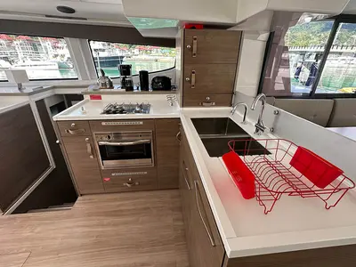 Galley of Esther, a Bali 4.8 catamaran at Roche Caiman, Seychelles