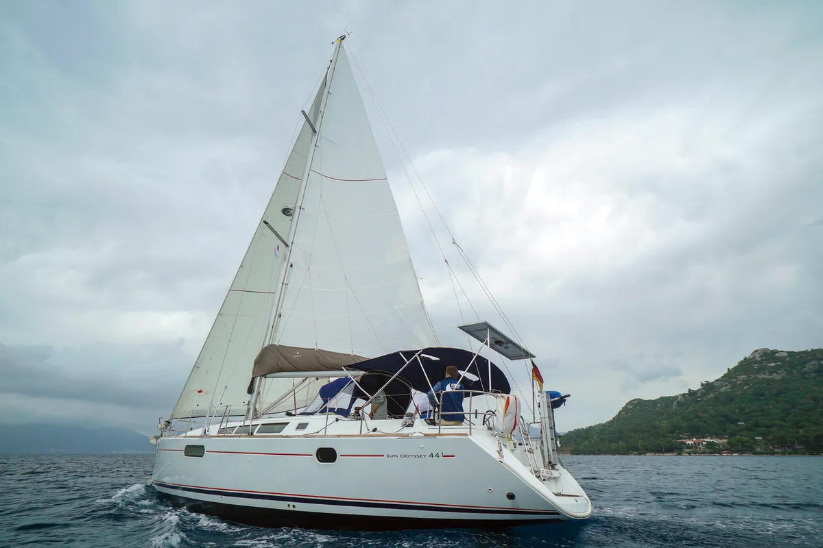 Exterior view of Night & Day, a Jeanneau Sun Odyssey 44 i sailboat at Marmaris, Turkey