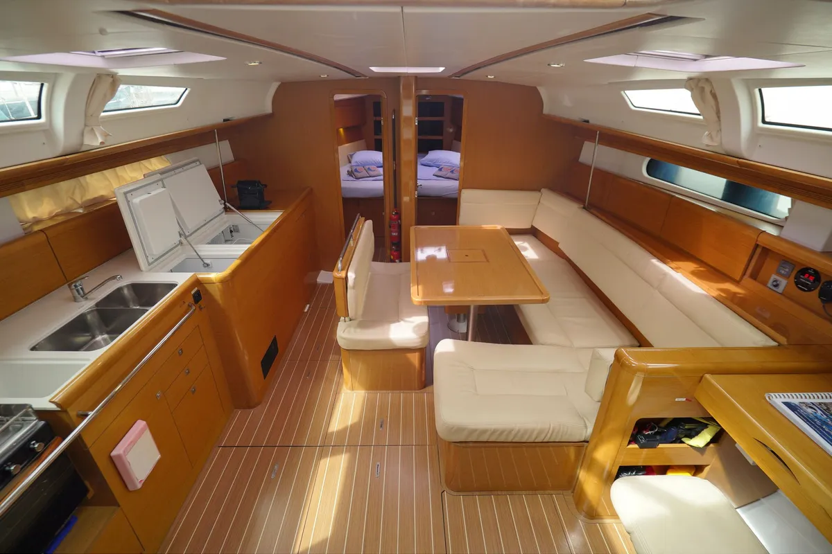 Salon of Night & Day, a Jeanneau Sun Odyssey 44 i sailboat at Marmaris, Turkey