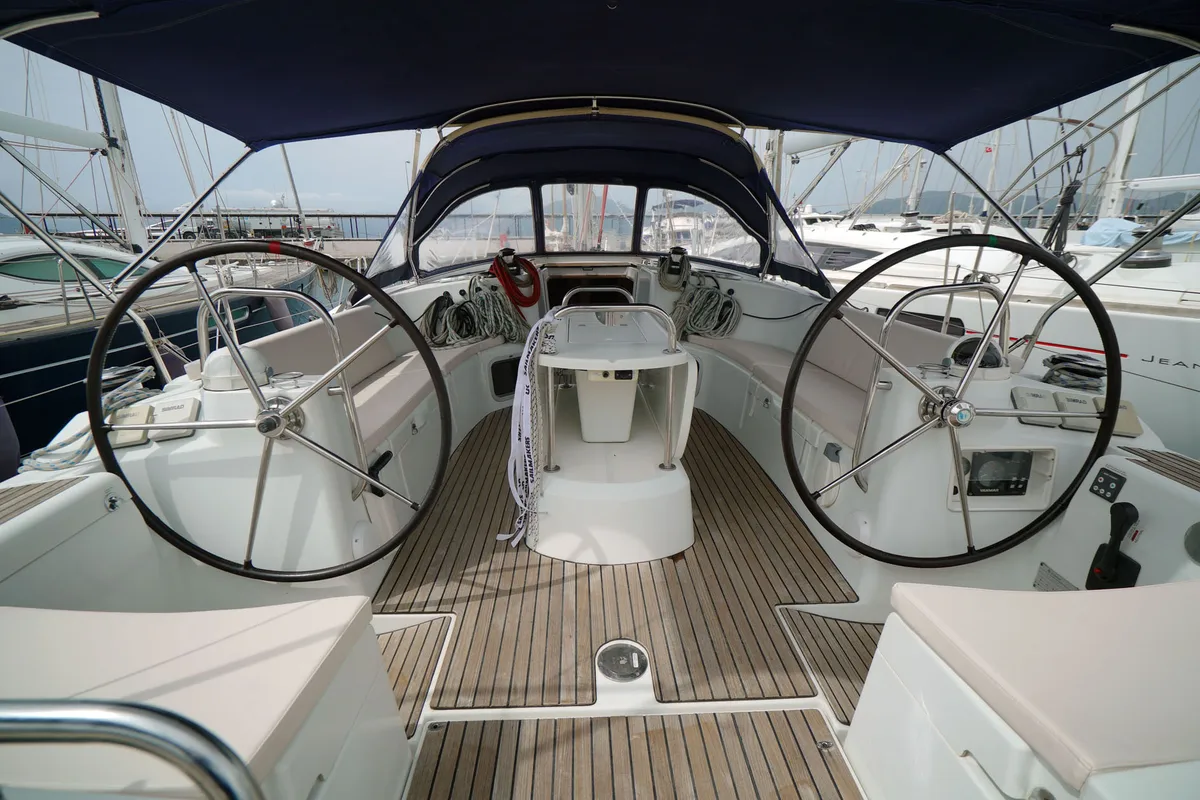Cockpit of Night & Day, a Jeanneau Sun Odyssey 44 i sailboat at Marmaris, Turkey