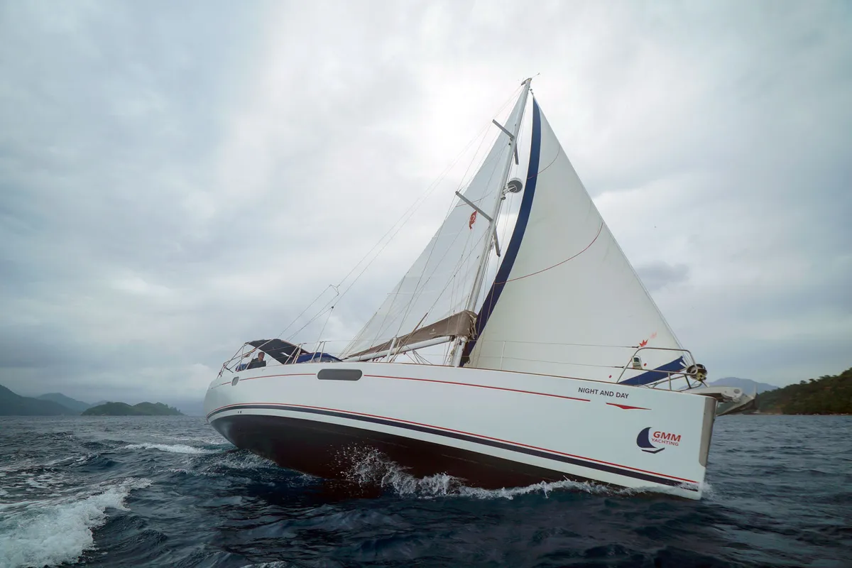 Exterior view of Night & Day, a Jeanneau Sun Odyssey 44 i sailboat at Marmaris, Turkey