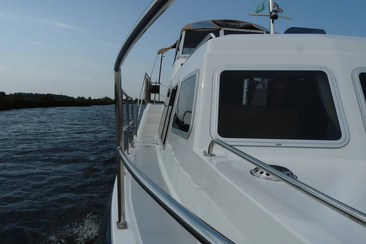 Deck of Gulet Holiday 1300, a motorboat at Akkrum, Netherlands