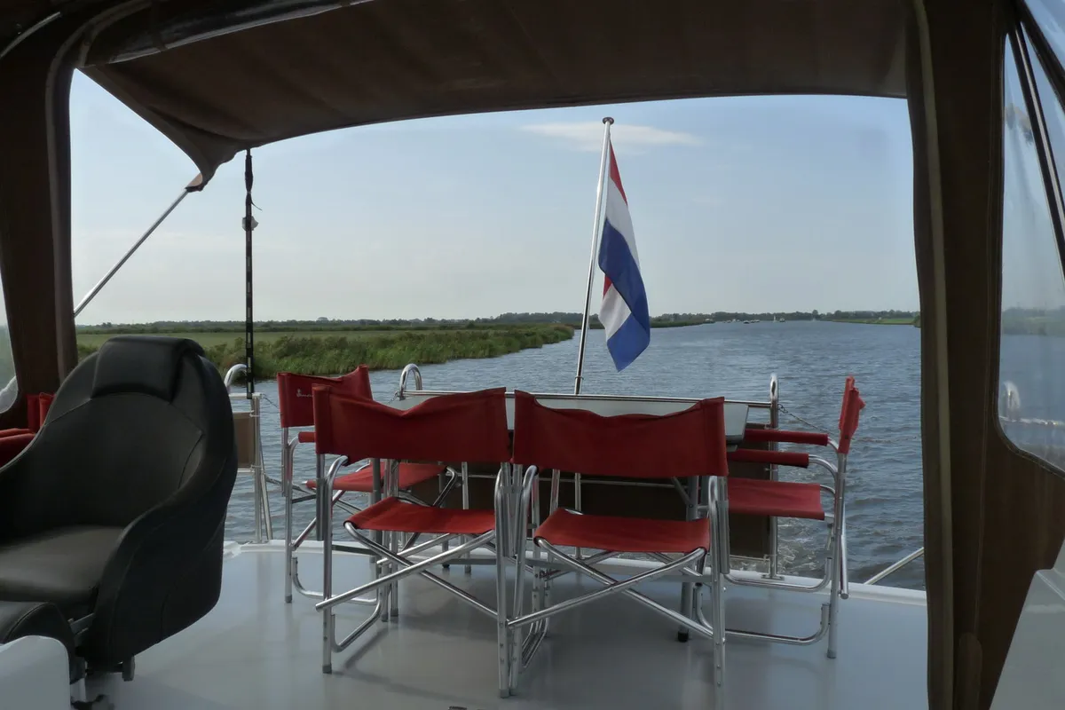 Deck of Gulet Holiday 1300, a motorboat at Akkrum, Netherlands