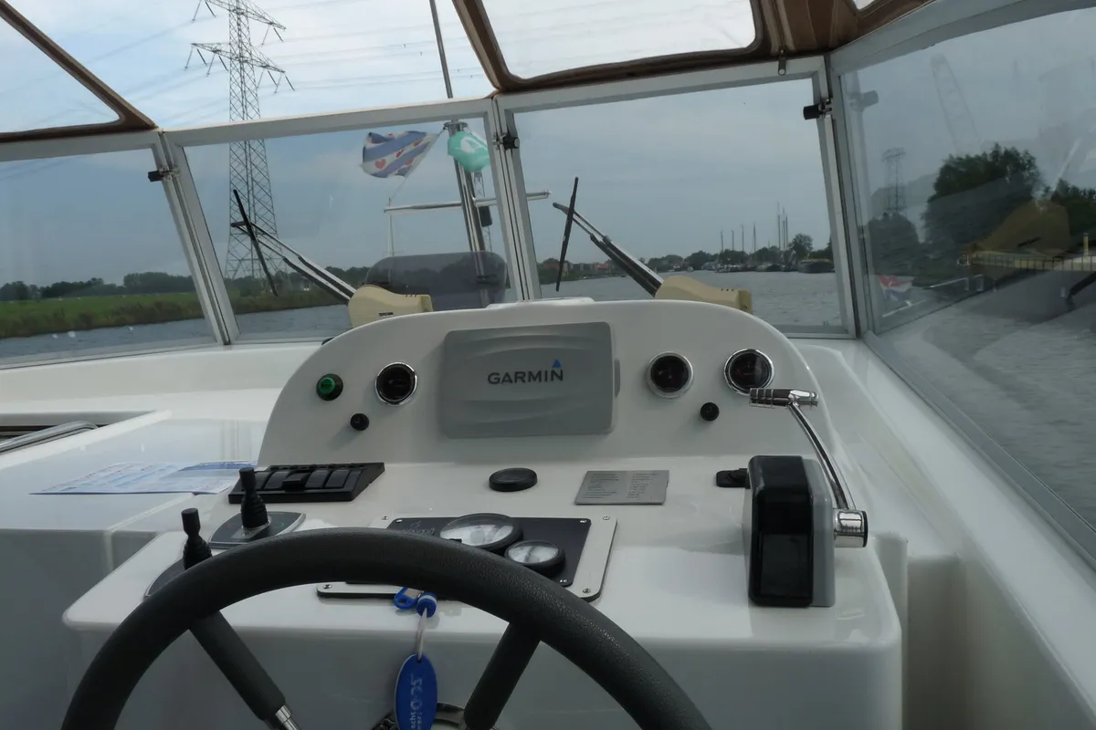 Cockpit of Gulet Holiday 1300, a motorboat at Akkrum, Netherlands
