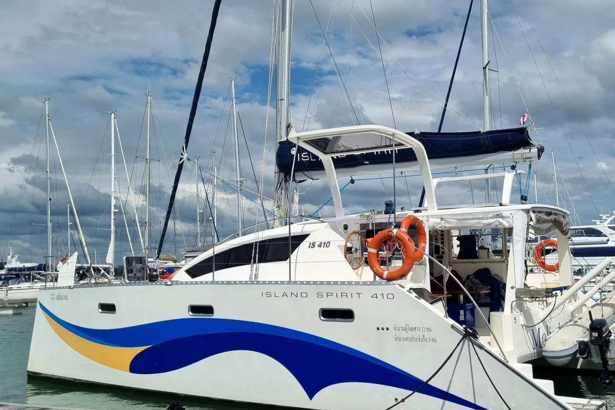 Exterior view of Melinda Jane, a Island Spirit 410 catamaran at Mai Khao, Thailand