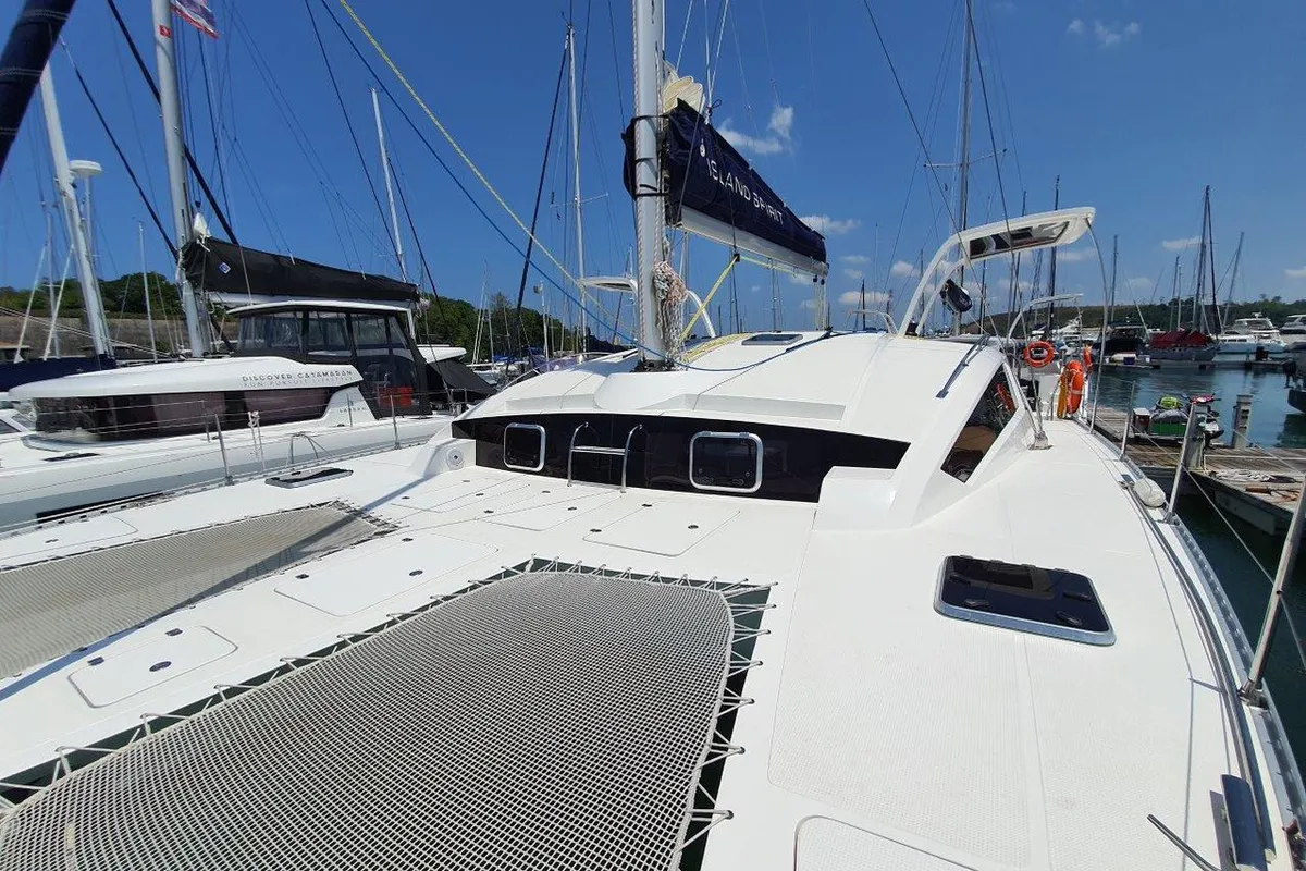 Deck of Melinda Jane, a Island Spirit 410 catamaran at Mai Khao, Thailand