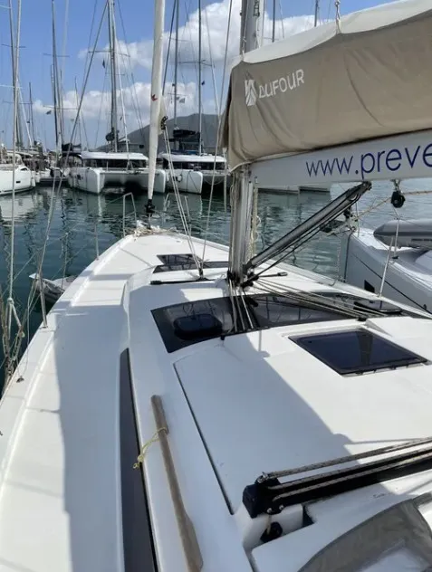 Deck of Swell, a Dufour 390 Grand Large sailboat at Municipal Unit of Apollonioi, Greece