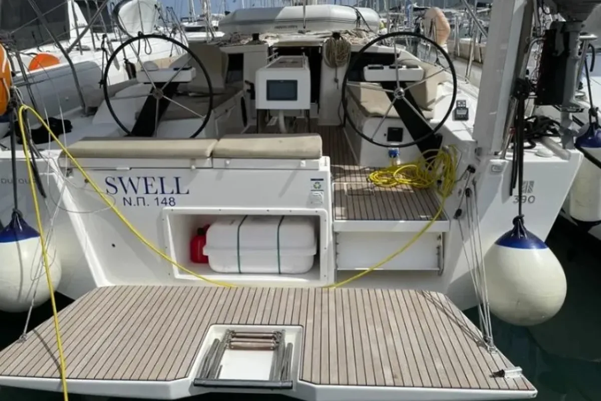 Exterior view of Swell, a Dufour 390 Grand Large sailboat at Municipal Unit of Apollonioi, Greece