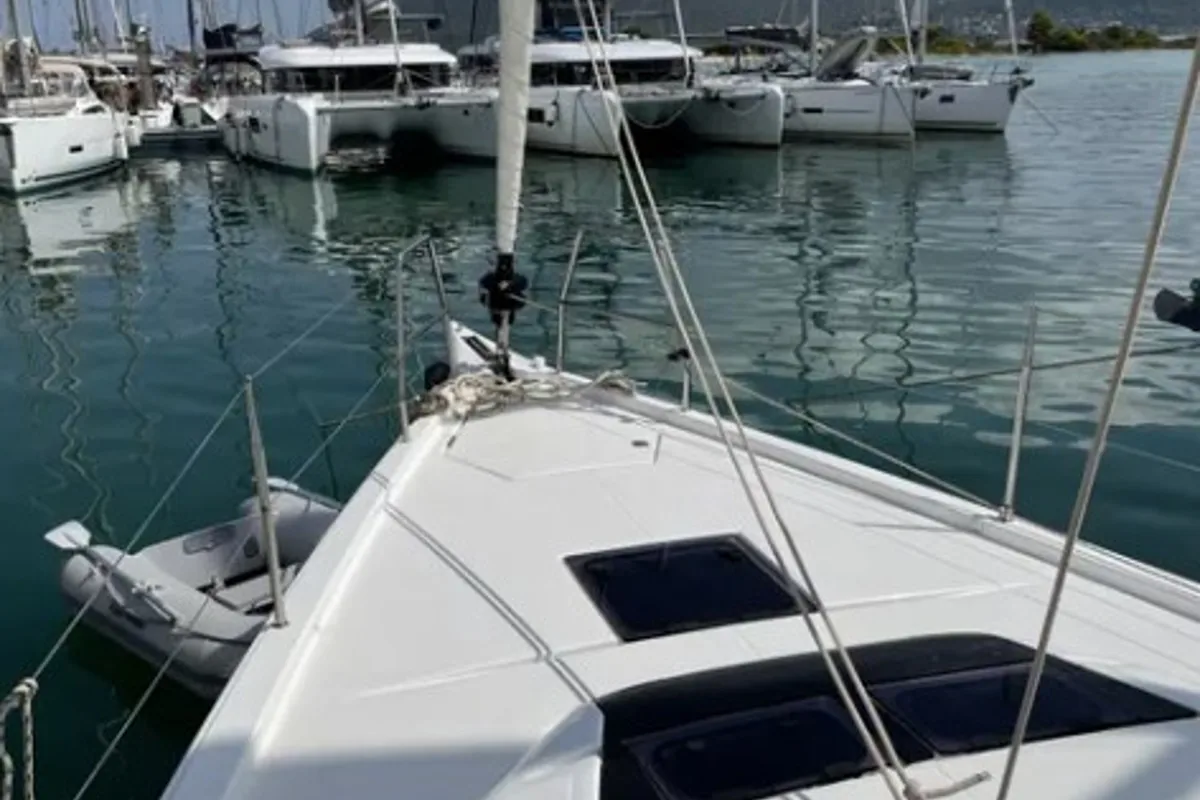 Exterior view of Swell, a Dufour 390 Grand Large sailboat at Municipal Unit of Apollonioi, Greece