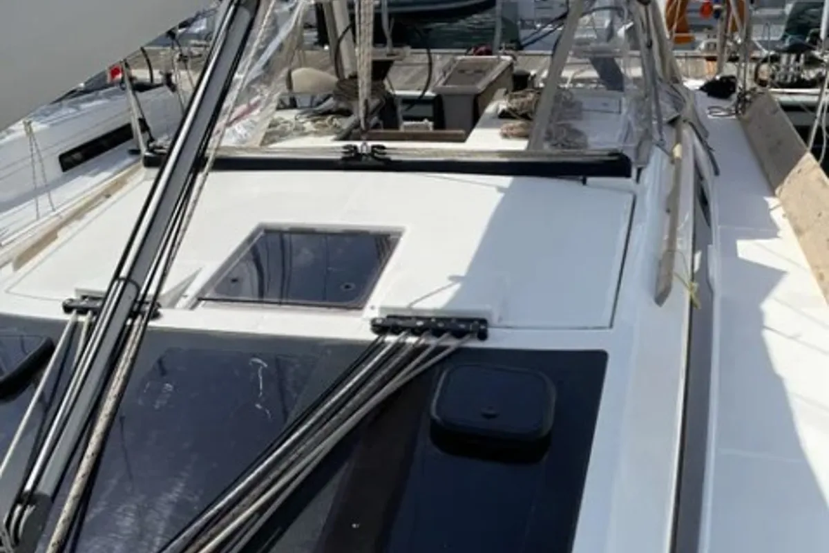 Deck of Swell, a Dufour 390 Grand Large sailboat at Municipal Unit of Apollonioi, Greece