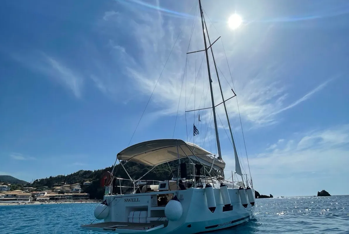 Exterior view of Swell, a Dufour 390 Grand Large sailboat at Municipal Unit of Apollonioi, Greece