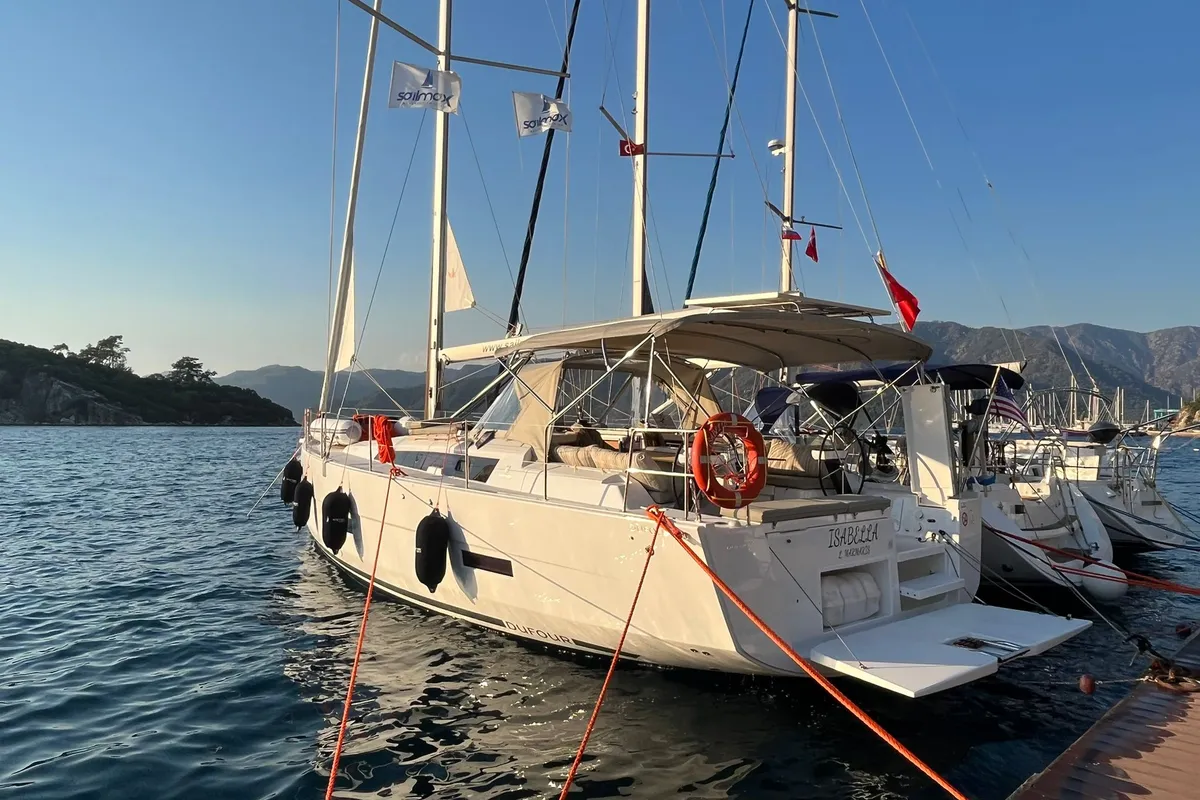 Exterior view of Isabella, a Dufour 430 GL sailboat at Marmaris, Turkey