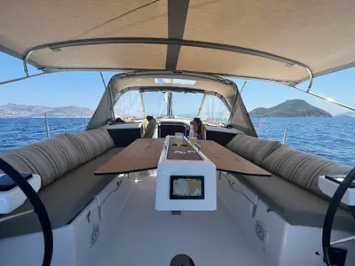 Cockpit of Isabella, a Dufour 430 GL sailboat at Marmaris, Turkey