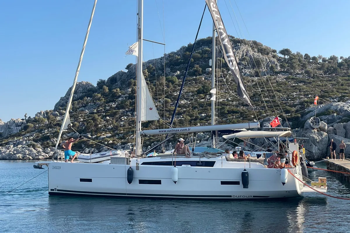 Exterior view of Isabella, a Dufour 430 GL sailboat at Marmaris, Turkey