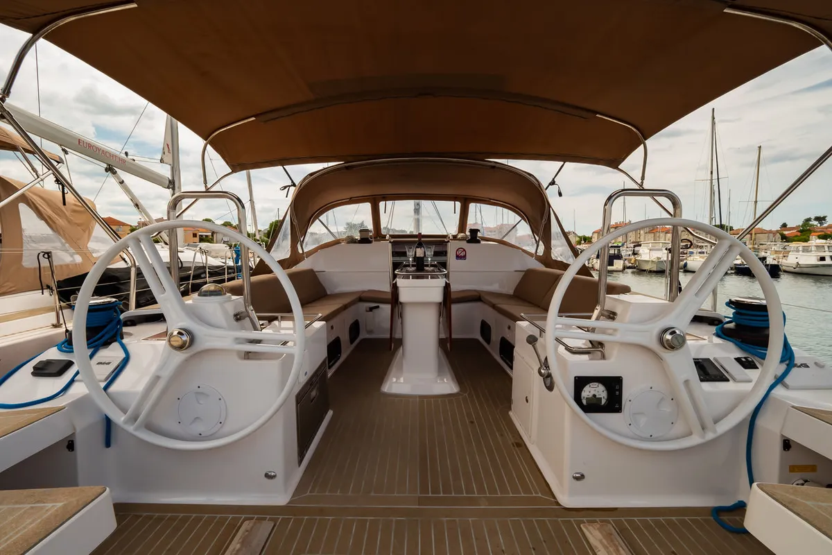 Cockpit of Alegria I, a Elan Impression 50 sailboat at Grad Biograd na Moru, Croatia