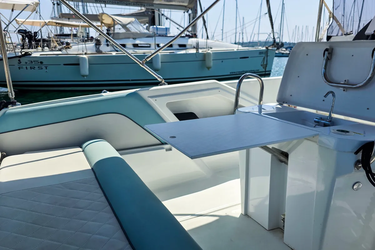 Deck of Salpa Sunsix, a motorboat at Pula, Croatia