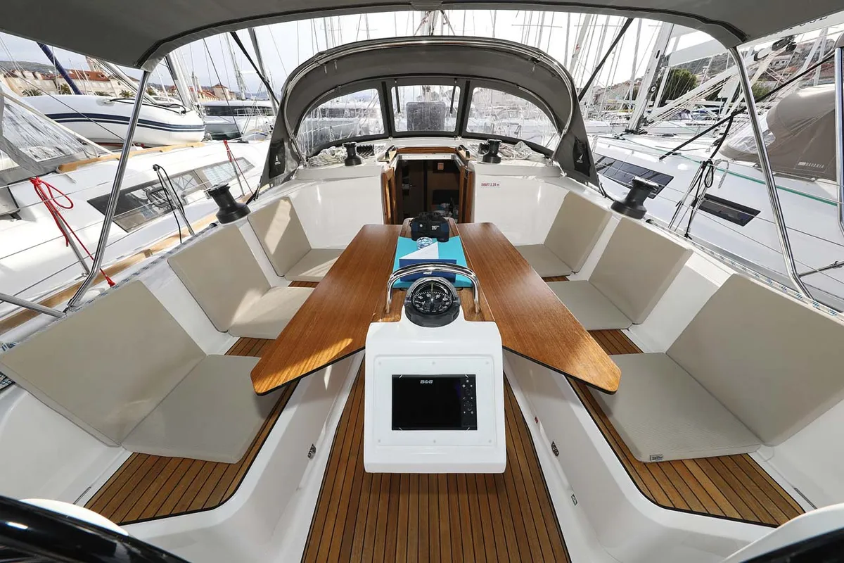 Cockpit of Anegada, a Bavaria Cruiser 41 Style sailboat at Grad Trogir, Croatia