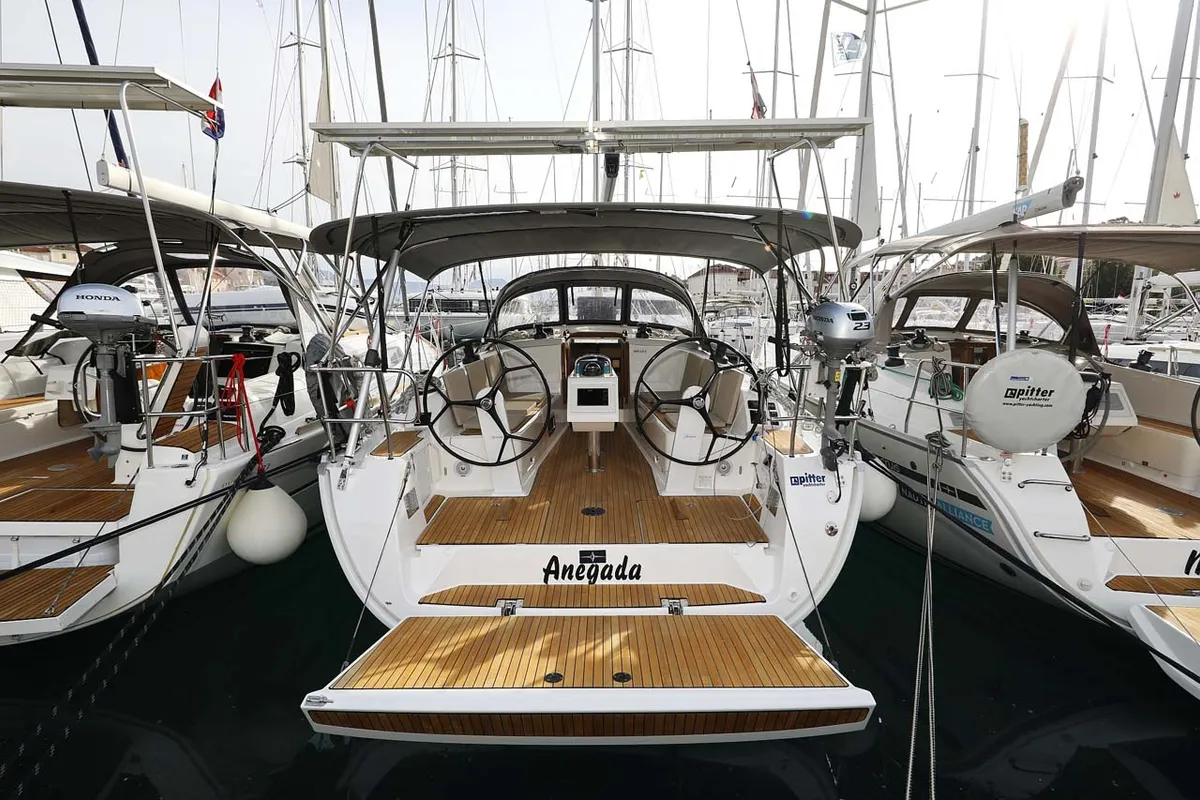 Exterior view of Anegada, a Bavaria Cruiser 41 Style sailboat at Grad Trogir, Croatia