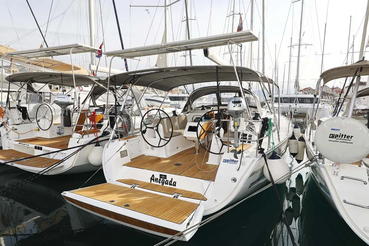 Exterior view of Anegada, a Bavaria Cruiser 41 Style sailboat at Grad Trogir, Croatia