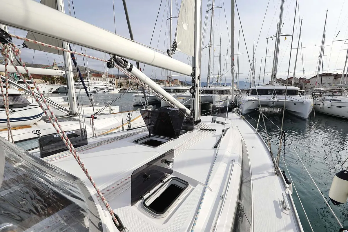 Deck of Anegada, a Bavaria Cruiser 41 Style sailboat at Grad Trogir, Croatia