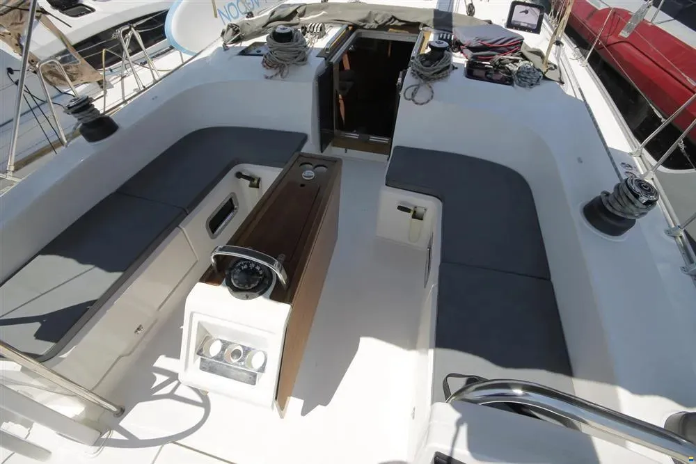 Deck of Petra 2, a Bavaria Cruiser 51 sailboat at Punat, Croatia