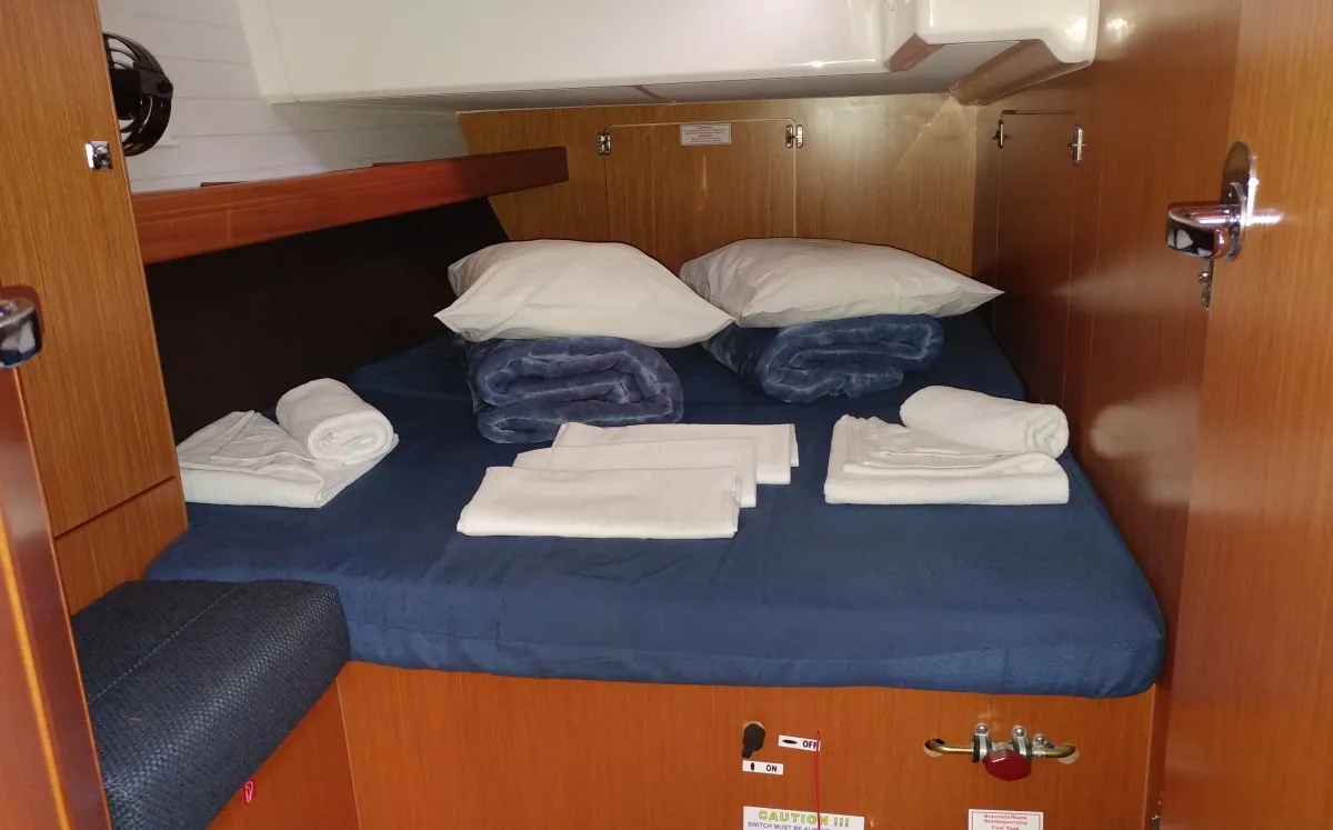 Cabin on EFI, a Bavaria Cruiser 46 sailboat at Athens, Greece