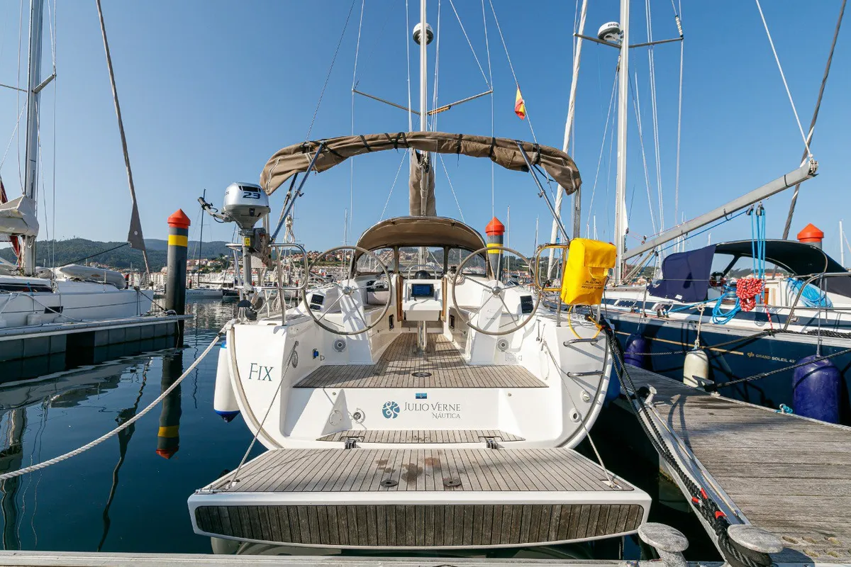 Deck of Bavaria 34, a sailboat at Baiona, Spain