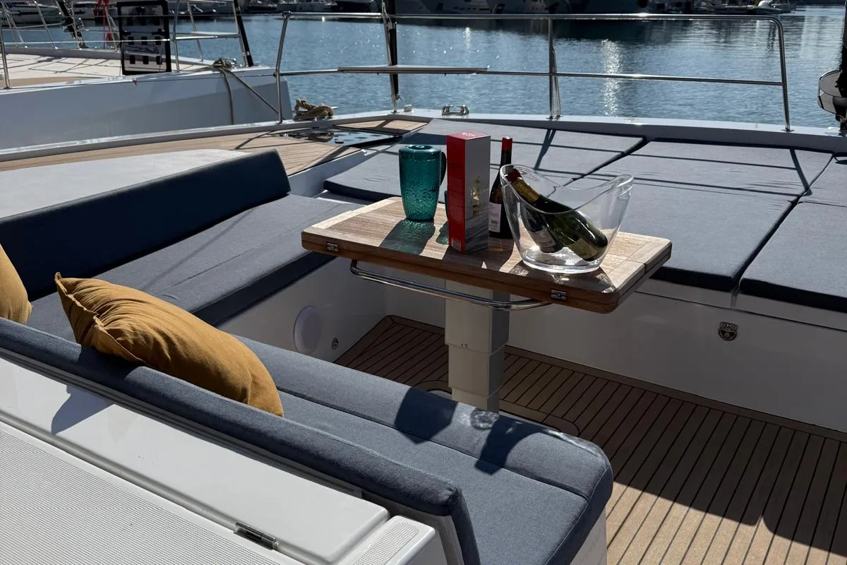 Deck of Lady M, a Bali 5.2 catamaran at Salerno, Italy