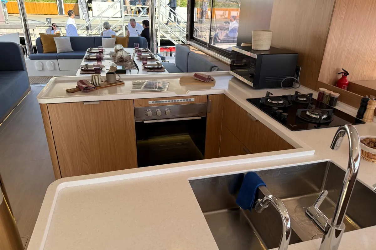 Galley of Lady M, a Bali 5.2 catamaran at Salerno, Italy