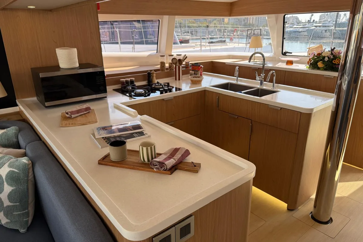 Galley of Lady M, a Bali 5.2 catamaran at Salerno, Italy