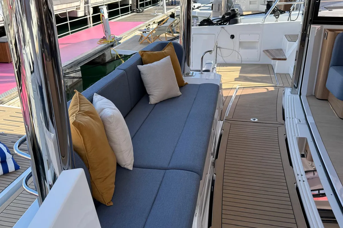 Deck of Lady M, a Bali 5.2 catamaran at Salerno, Italy
