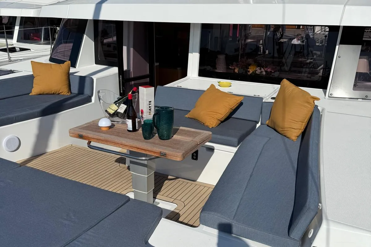 Deck of Lady M, a Bali 5.2 catamaran at Salerno, Italy