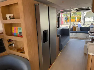 Salon of Lady M, a Bali 5.2 catamaran at Salerno, Italy