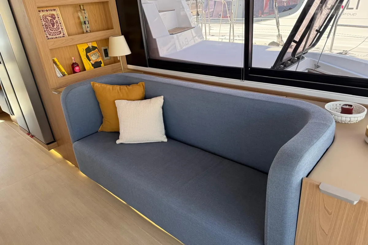 Salon of Lady M, a Bali 5.2 catamaran at Salerno, Italy