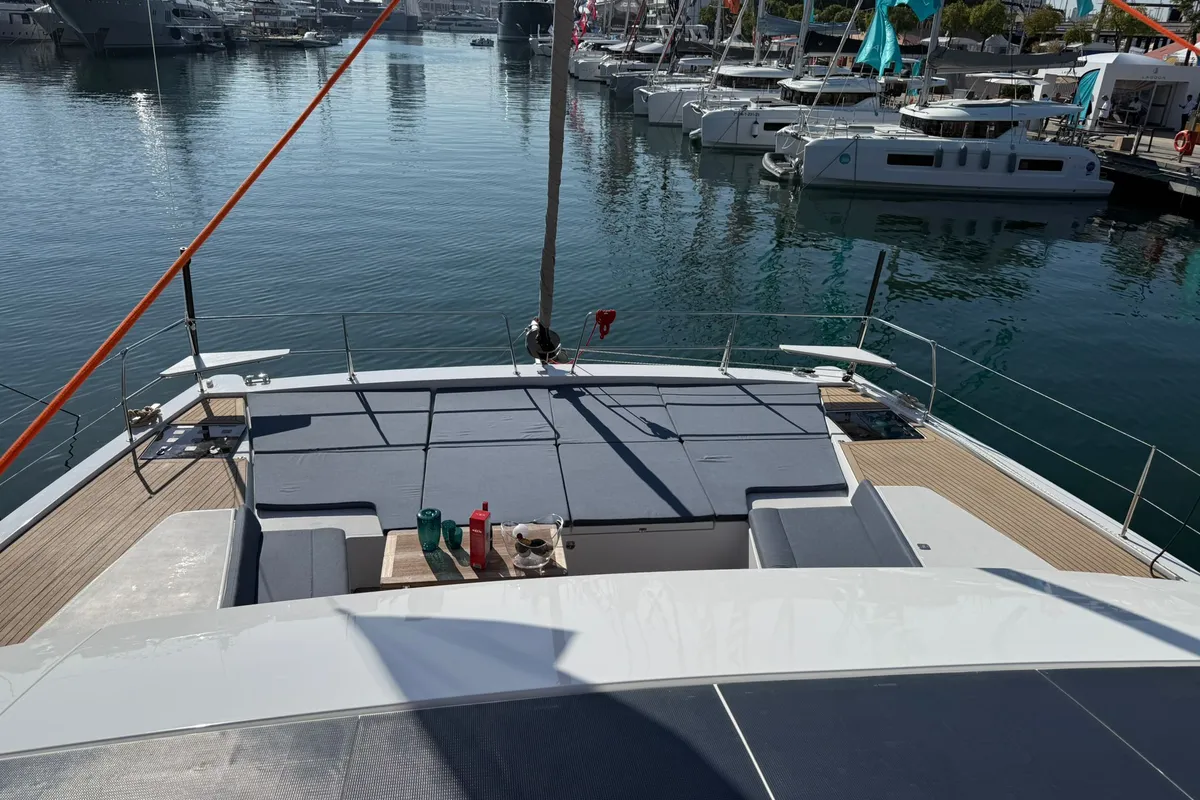 Exterior view of Lady M, a Bali 5.2 catamaran at Salerno, Italy