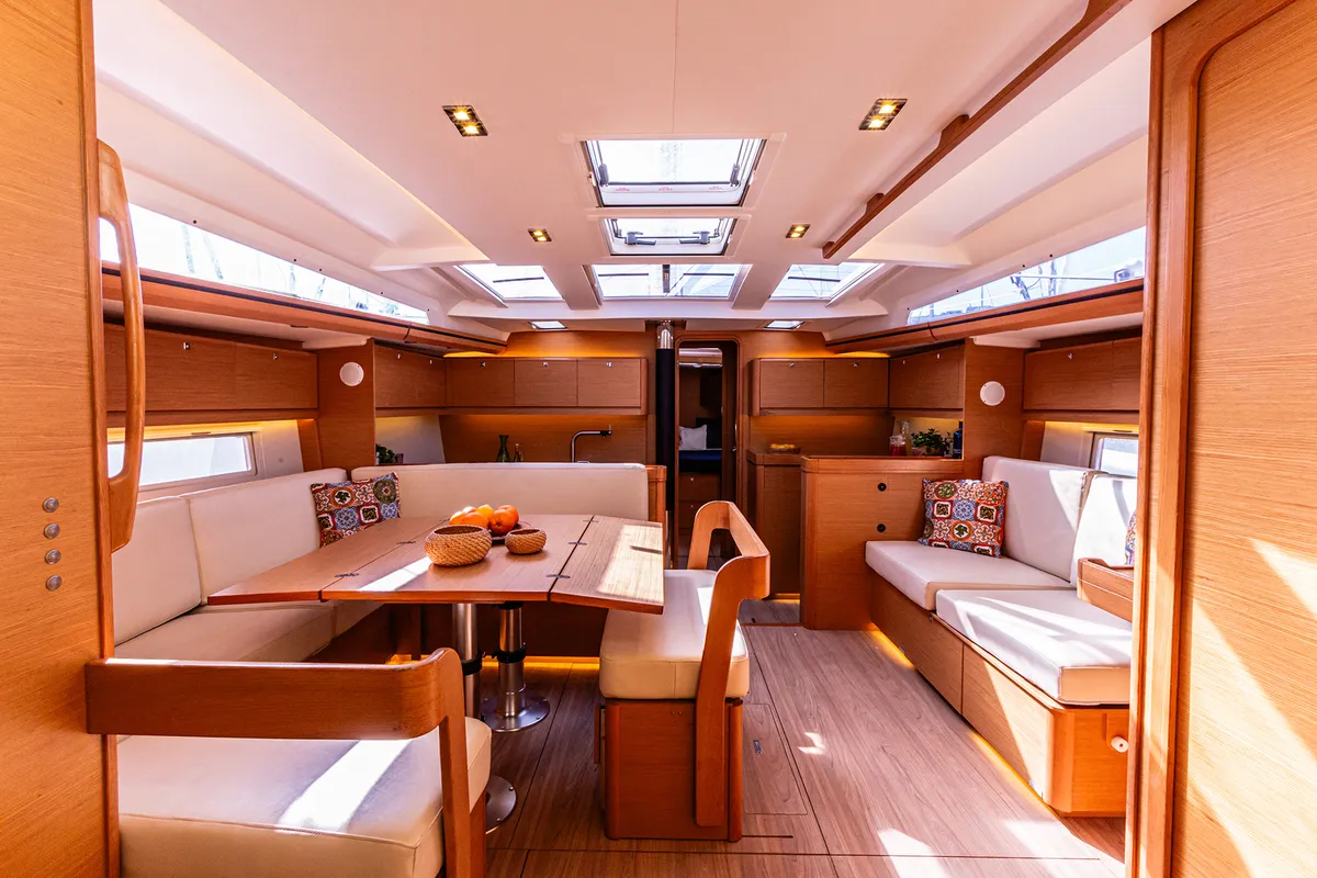 Salon of Dream Planet, a Dufour 520 Grand Large sailboat at Tonnarella, Italy