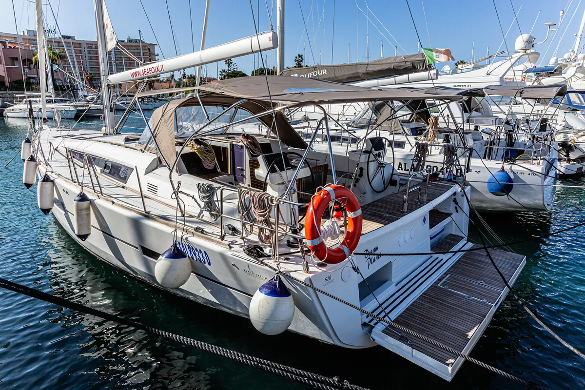 Exterior view of Dream Planet, a Dufour 520 Grand Large sailboat at Tonnarella, Italy