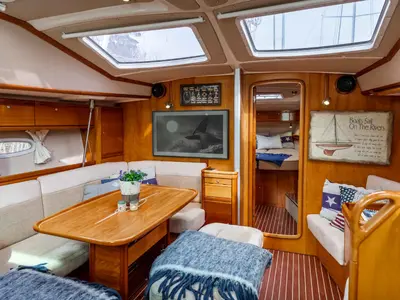 Salon of Meer Elis, a Bavaria 44 Vision sailboat at Bergen, Norway