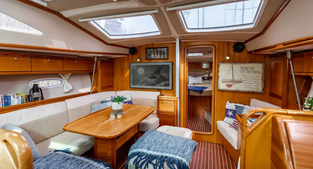 Salon of Meer Elis, a Bavaria 44 Vision sailboat at Bergen, Norway