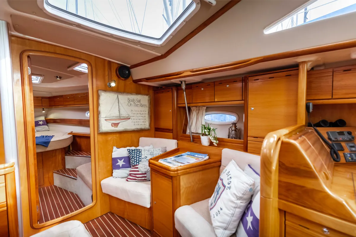 Salon of Meer Elis, a Bavaria 44 Vision sailboat at Bergen, Norway