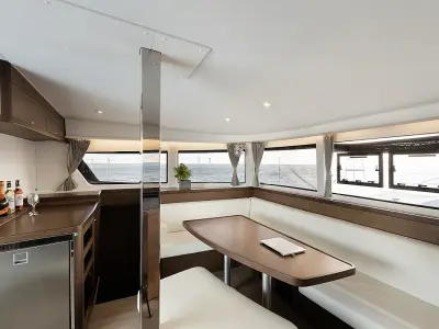 Salon of Notorious, a Lagoon 42 catamaran at Lefkada, Greece