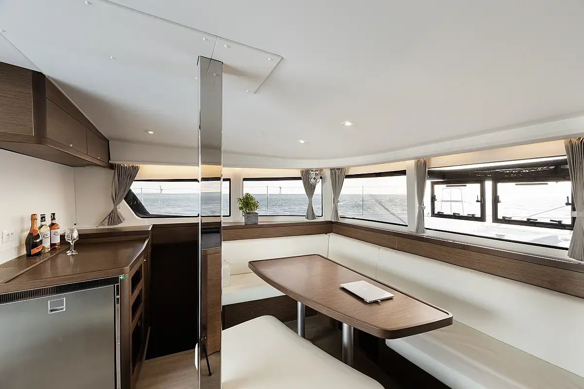 Salon of Notorious, a Lagoon 42 catamaran at Lefkada, Greece