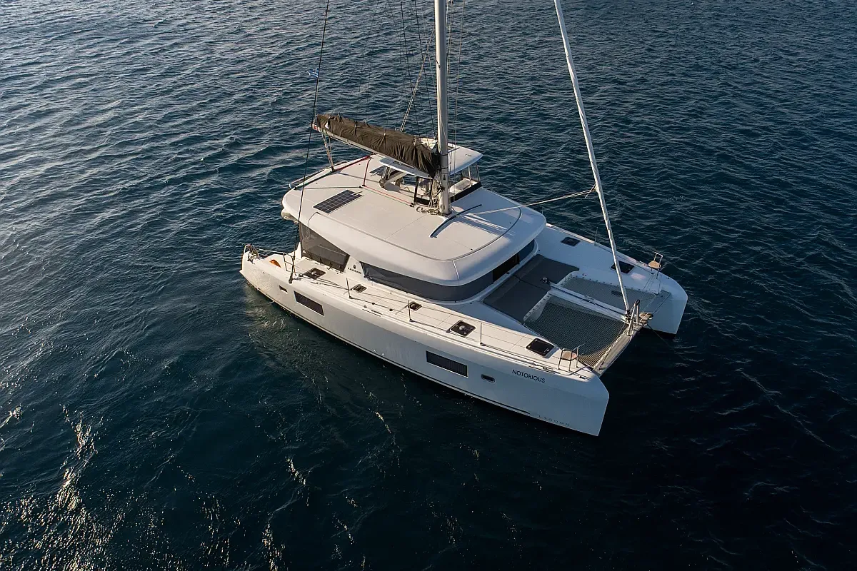 Exterior view of Notorious, a Lagoon 42 catamaran at Lefkada, Greece