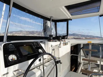 Cockpit of Notorious, a Lagoon 42 catamaran at Lefkada, Greece