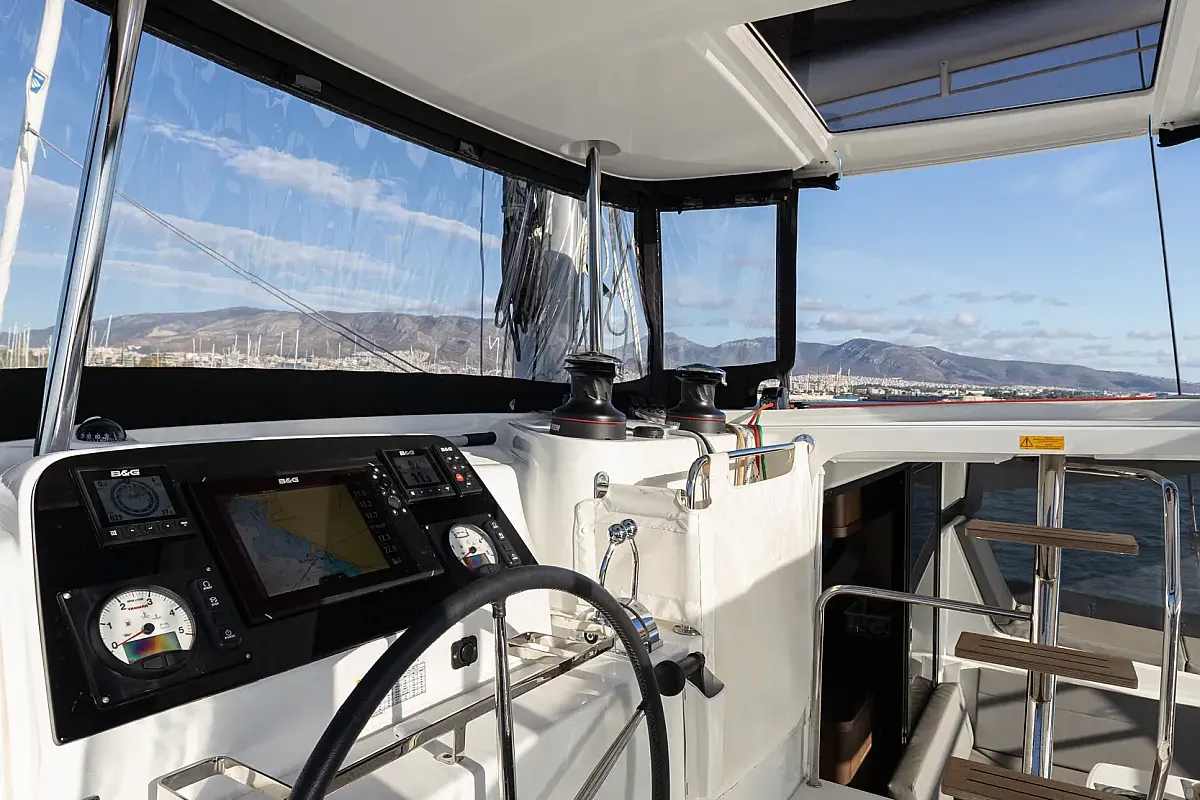 Cockpit of Notorious, a Lagoon 42 catamaran at Lefkada, Greece